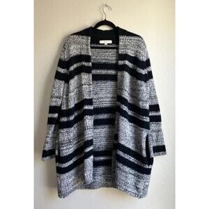 Ann Taylor Loft Cardigan Sweater Large Black Gray Striped Preppy Oversized Long